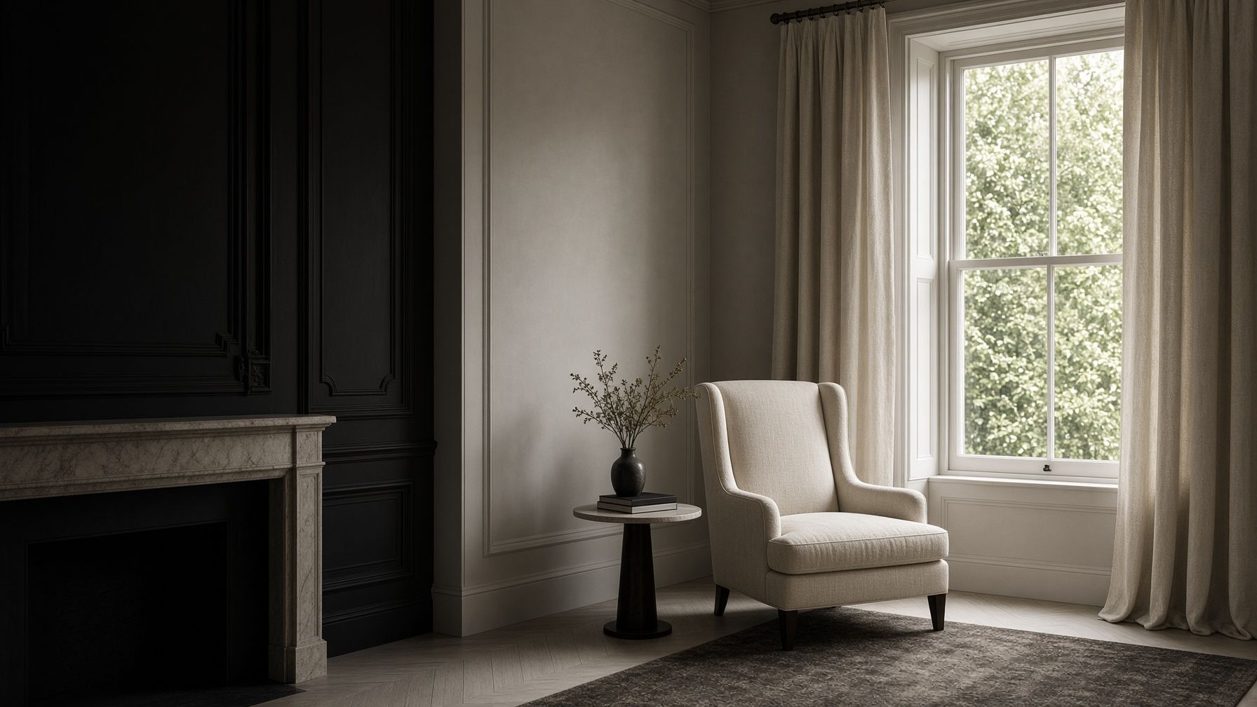 Restored London period interior with fireplace and sash window